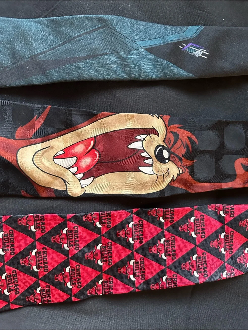Novelty Ties Trio - Red Chicago Bulls, Black Taz, Teal Pattern